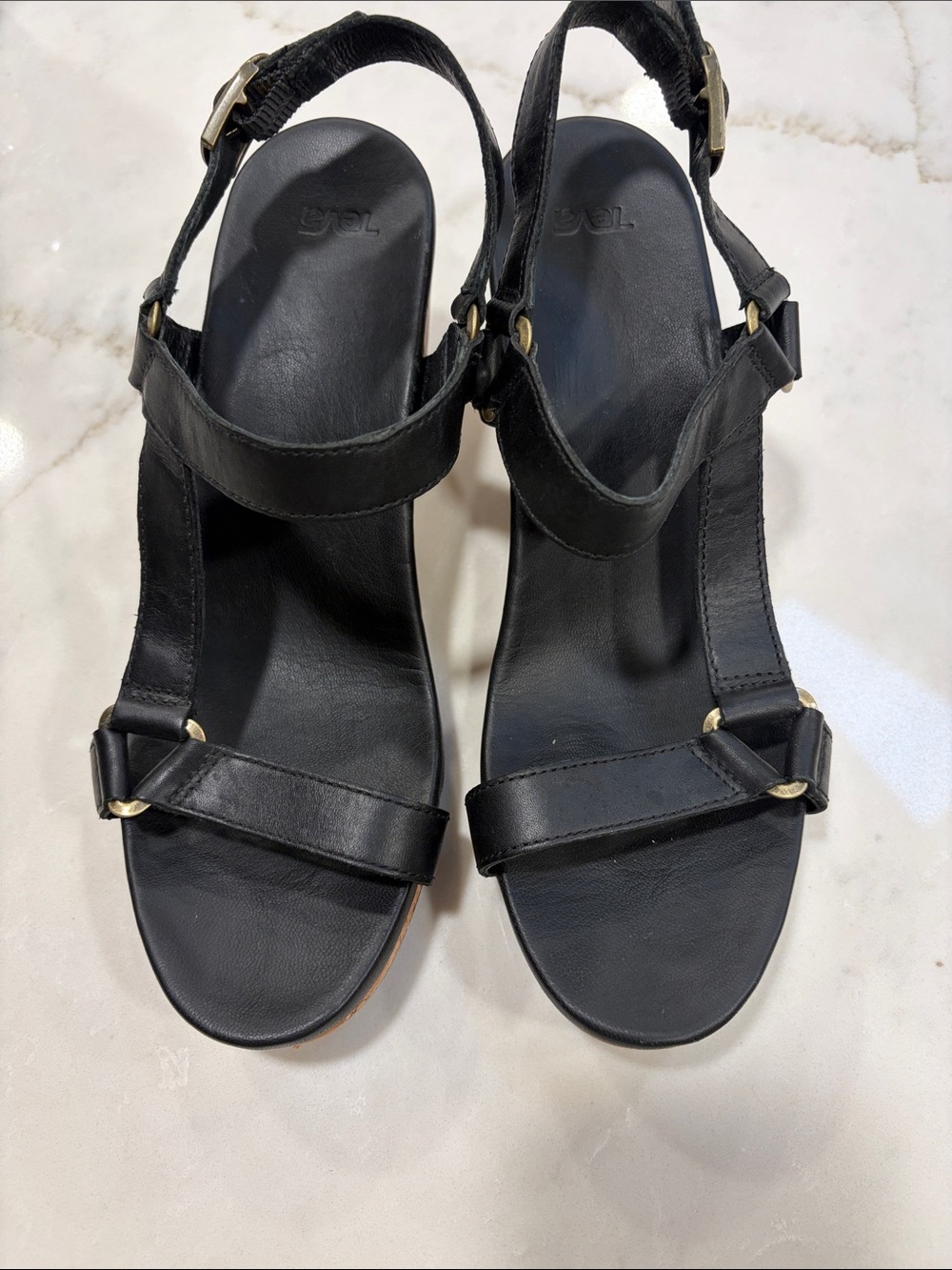 Teva Black Leather Slingback Sandals with Gold Hardware
